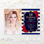 16th Birthday Party With Photo - Navy Gold Red Invitation<br><div class="desc">16th birthday party invitation with your photo. Features navy white stripes,  script font,  red roses and confetti. Classy royal blue white red design with faux glitter gold. Perfect for an elegant sweet sixteen bday celebration.</div>