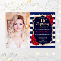 16th Birthday Party With Photo - Navy Gold Red