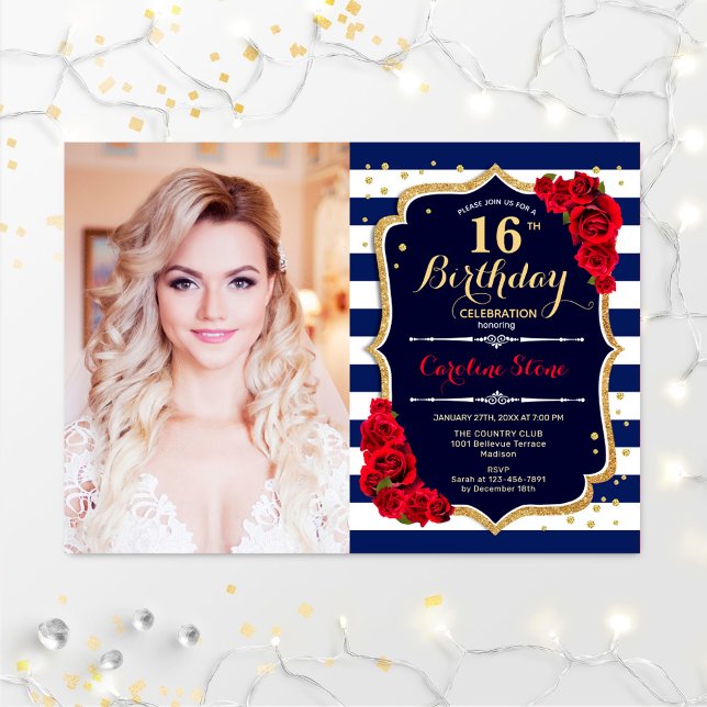 16th Birthday Party With Photo - Navy Gold Red Invitation (Creator Uploaded)