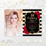 16th Birthday Party With Photo - Red Gold Black Invitation<br><div class="desc">16th birthday party invitation with your photo. Features black white stripes,  script font,  red roses and confetti. Classy black white red design with faux glitter gold. Perfect for an elegant sixteen bday celebration.</div>