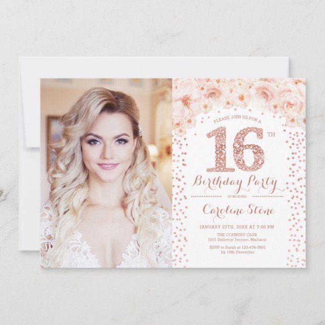 16th Birthday Party With Photo - Rose Gold Floral  Invitation (Front)