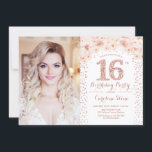 16th Birthday Party With Photo - Rose Gold Floral  Invitation<br><div class="desc">16th birthday party invitation with your photo. Features rose gold confetti and blush pink roses. Classy floral design with faux glitter. Perfect for an elegant sweet sixteen bday celebration.</div>