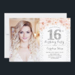 16th Birthday Party With Photo - Silver Pink White Invitation<br><div class="desc">16th birthday party invitation with your photo. Features silver confetti and blush pink roses. Classy floral design with faux glitter. Perfect for an elegant sweet sixteen bday celebration.</div>