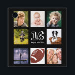 16th birthday photo collage boy black thank you favour tags<br><div class="desc">A favour tag for a 16th birthday party for a boy, celebrating his life with a collage of 8 of your photos. Templates for the age 16 and a date. Date of birth or the date of the party. White letters. Black background. Back: the text: Thank You for Coming! Template...</div>