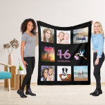 16th birthday photo collage girl black fleece blanket<br><div class="desc">A gift for a girl's 16th birthday,  celebrating her life with a collage of 8 of your photos.  Templates for a name,  age 16 and a date.  Date of birth or the date of the anniversary.  Pink and purple coloured letters.  Black coloured background.</div>