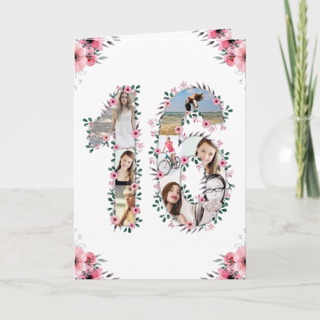 16th Birthday Photo Collage Girl Pink Flower White Card (Front)