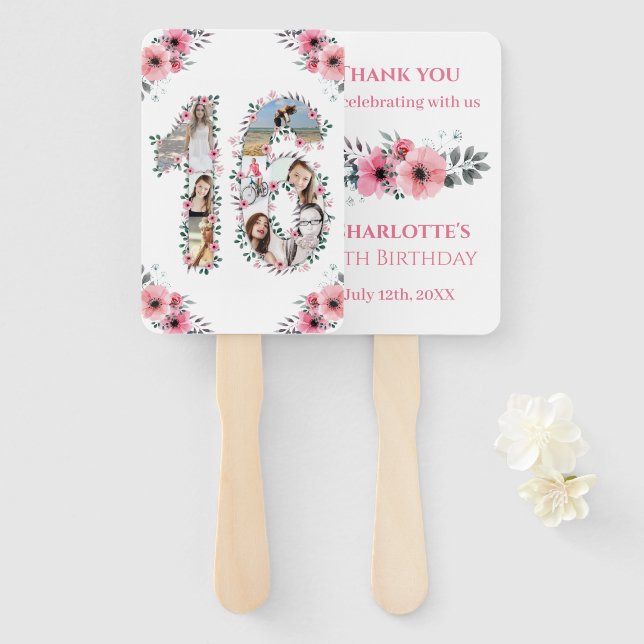 16th Birthday Photo Collage Pink Girl Flower White Hand Fan (Front and Back)