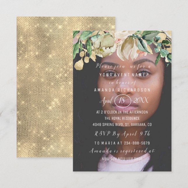 16th Birthday Photo  Flowers Brunch Spark Gold Invitation (Front/Back)