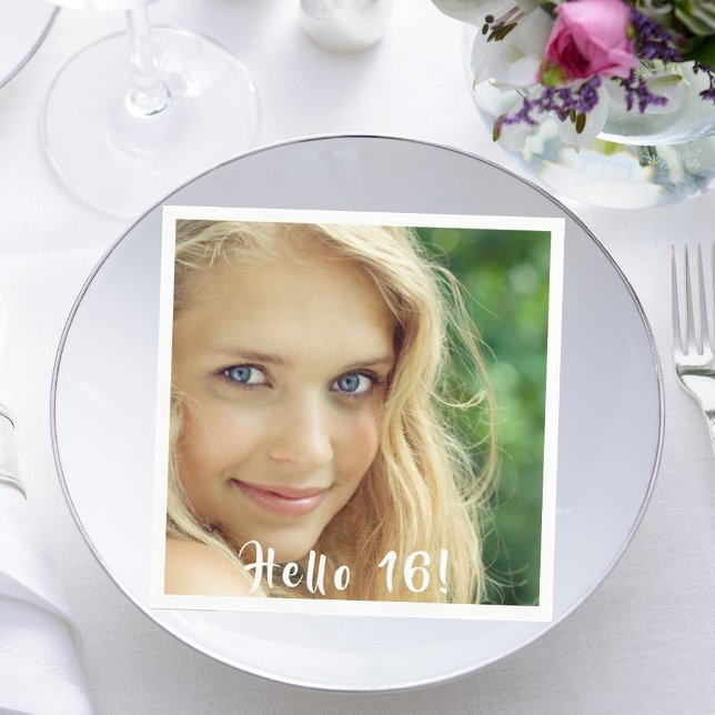 16th birthday photo hello 16 girl napkin (Creator Uploaded)