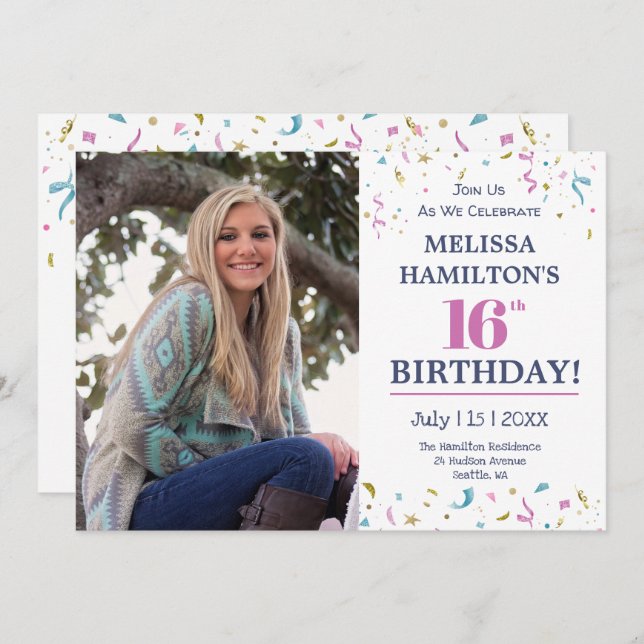 16th Birthday - Photo Party Invitation (Front/Back)