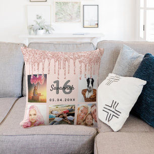 16th birthday photo rose gold glitter blush pink cushion