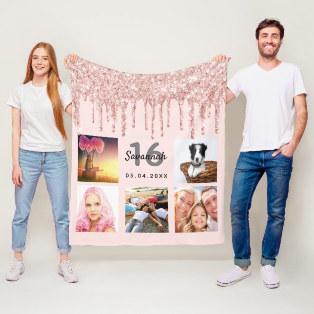 16th birthday photo rose gold glitter blush pink fleece blanket (In Situ)