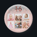 16th birthday photo rose gold glitter pink silver paper plate<br><div class="desc">For a girly, glamourous Sweet 16, 16th birthday party, celebrating her life with a collage of 6 of your own photos. Personalise and add a name, age 16 and a date. Date of birth or the date of the party. Dark rose gold and black coloured letters. A trendy rose gold...</div>