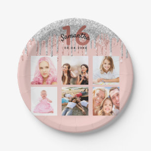 16th birthday photo rose gold glitter pink silver paper plate