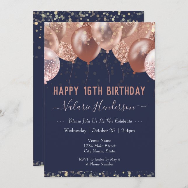 16th Birthday Pink Balloons Invitation (Front/Back)