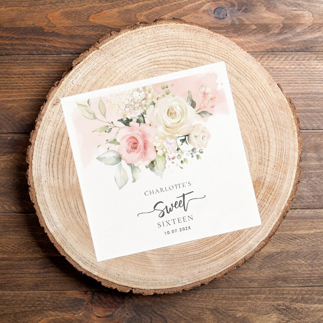 16th Birthday Pink Floral Party Paper Napkin (Pink Floral Sweet 16th Birthday Paper Napkin)