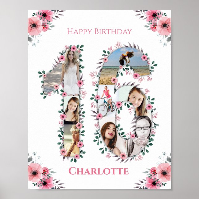 16th Birthday Pink Flower Girl Photo Collage White Poster (Front)