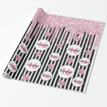 16th birthday pink glitter black white stripes wrapping paper<br><div class="desc">Classic slim black and white vertical stripes as background. With girly, feminine and romantic pink roses and pink faux glitter drips, paint dripping look as decoration. Perfect for an elegant Sweet 16, 16th birthday party for her. White and black frames with templates for name and age. Age number 16 in...</div>