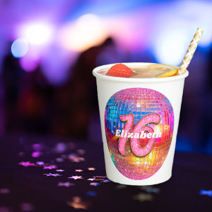 16th Birthday Pink Glitter Groovy 70s Disco Ball Paper Cups