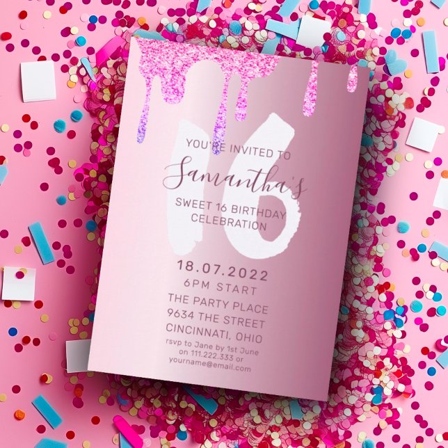 16th Birthday Pink Glitter & Metallic Party Invitation (Creator Uploaded)