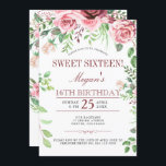16th Birthday Pink Roses Chic Sweet Sixteen Party Invitation<br><div class="desc">Rustic modern elegant sweet 16 birthday party monogrammed invitation with blush pink and red burgundy hand-painted peony roses with green leaves and foliage and with a trendy chic hand lettered editable calligraphy script. Suitable for a spring, summer garden or autumn fall, outdoor backyard floral sixteenth birthday party . Easy to...</div>