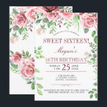 16th Birthday Pink Roses Chic Sweet Sixteen Party Invitation<br><div class="desc">Rustic modern elegant sweet 16 birthday party monogrammed invitation with blush pink and red burgundy hand-painted peony roses with green leaves and foliage and with a trendy chic hand lettered editable calligraphy script. Suitable for a spring, summer garden or autumn fall, outdoor backyard floral sixteenth birthday party . Easy to...</div>