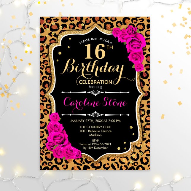 16th Birthday - Pink Roses Leopard Print Invitation (Creator Uploaded)