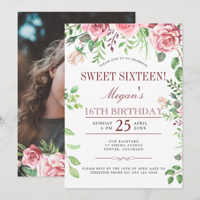 16th Birthday Pink Roses Sweet Sixteen PHOTO Party Invitation (Front/Back)