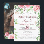 16th Birthday Pink Roses Sweet Sixteen PHOTO Party Invitation<br><div class="desc">Rustic elegant sweet 16 birthday party photo invitation with blush pink and red burgundy hand-painted peony roses with green leaves and foliage and with a trendy chic hand lettered editable calligraphy script. Suitable for a spring, summer garden or autumn fall, outdoor backyard floral sixteenth birthday party . Easy to personalise...</div>