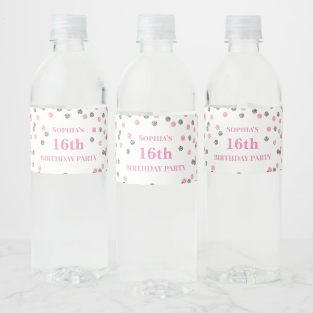 16th Birthday Pink Silver Confetti Water Bottle Label (Bottles)