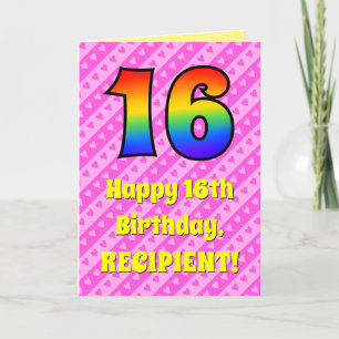 16th Birthday: Pink Stripes & Hearts, Rainbow # 16 Card