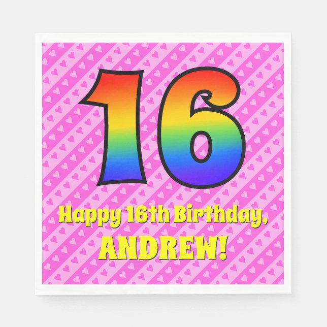 16th Birthday: Pink Stripes & Hearts, Rainbow # 16 Napkin (Front)