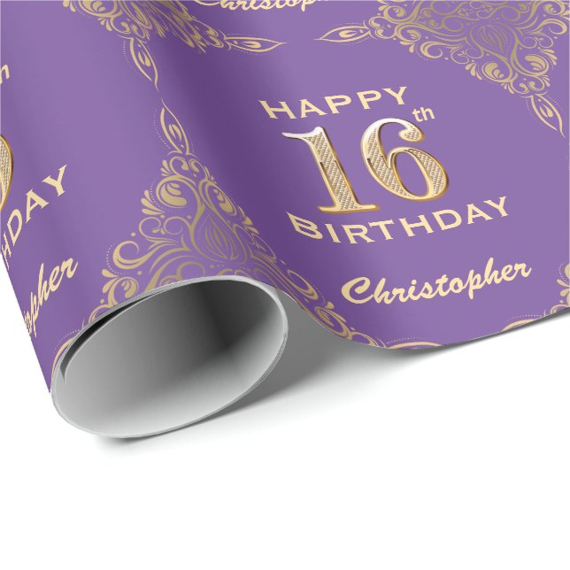 16th Birthday Purple and Gold Glitter Frame Wrapping Paper (Roll Corner)