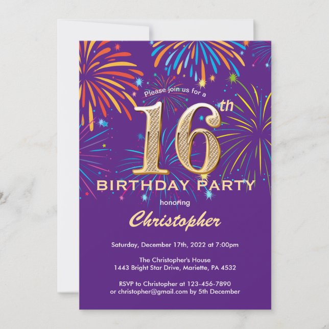 16th Birthday Purple and Gold Rainbow Fireworks Invitation (Front)