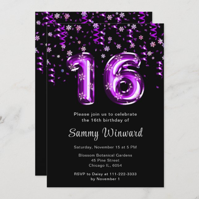 16th Birthday Purple Balloons Snowflake Confetti Invitation (Front/Back)