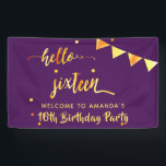 16th birthday purple gold hello 16 typography name banner<br><div class="desc">Elegant and modern banner for a 16th birthday party. Girly purple backdrop and faux gold text written with a trendy hand-lettered style script: hello sixteen. With golden dots and bunting flags as decor. Templates for name and the text: Welcome to …. golden letters. You can change the background colour to...</div>