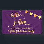 16th birthday purple gold hello 16 typography name banner<br><div class="desc">Elegant and modern banner for a 16th birthday party. Girly purple backdrop and faux gold text written with a trendy hand-lettered style script: hello sixteen. With golden dots and bunting flags as decor. Templates for name and the text: Welcome to …. golden letters. You can change the background colour to...</div>