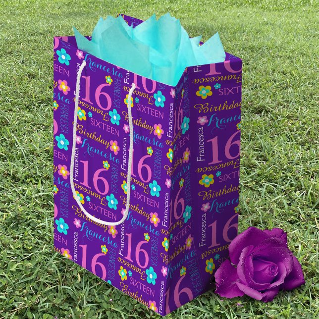 16th Birthday purple pink yellow aqua custom name Medium Gift Bag (Creator Uploaded)