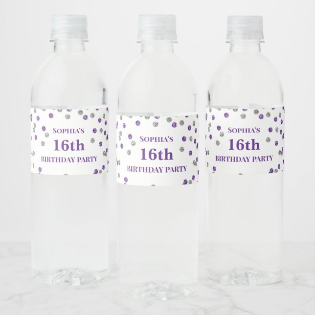 16th Birthday Purple Silver Confetti Water Bottle Label (Bottles)