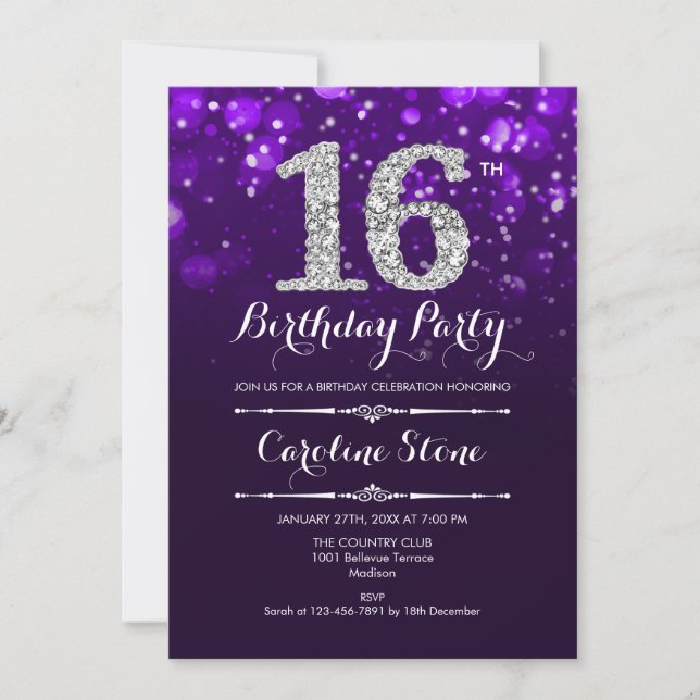 16th Birthday - Purple Silver Invitation (Front)