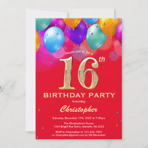 16th Birthday Red and Gold Colourful Balloons Invitation