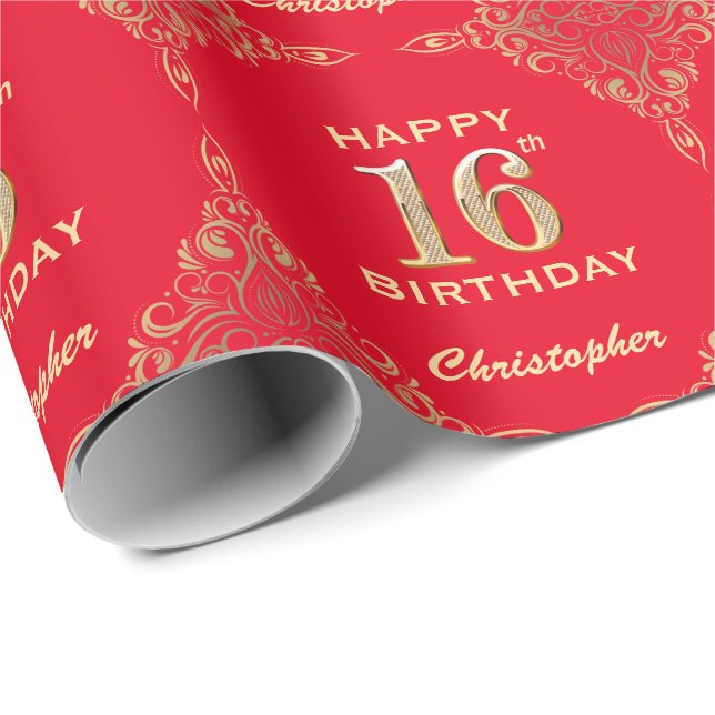 16th Birthday Red and Gold Glitter Frame Wrapping Paper (Roll Corner)