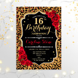 16th Birthday - Red Roses Leopard Print Invitation<br><div class="desc">16th Birthday Invitation.
Elegant red black white design with faux glitter gold. Features leopard cheetah animal print,  script font and roses. Perfect for an elegant birthday party. Can be personalized into any year! Message me if you need further customization.</div>