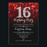 16th Birthday - Red Silver Invitation<br><div class="desc">16th Birthday Invitation.
Elegant red black white design with faux glitter silver. Adult birthday. Features diamonds and script font. men or women bday invite.  Perfect for a stylish birthday party. Message me if you need further customization.</div>