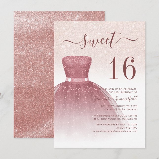 16th Birthday Rose Gold Glam Sixteen Birthday Invitation (Front/Back)