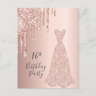 16th birthday rose gold glitter drips invitation postcard