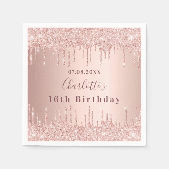 16th birthday rose gold glitter drips monogram napkin (Front)