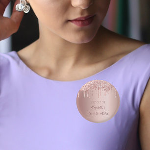 16th birthday rose gold glitter drips name 3 cm round badge