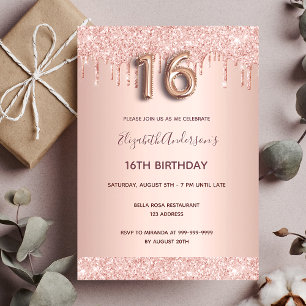 16th birthday rose gold glitter drips pink glam invitation