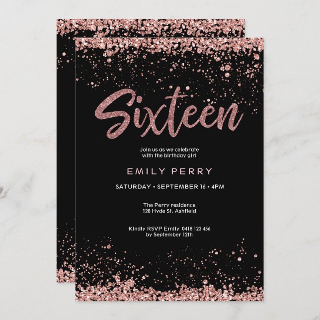 16th birthday rose gold glitter Invitation (Front/Back)